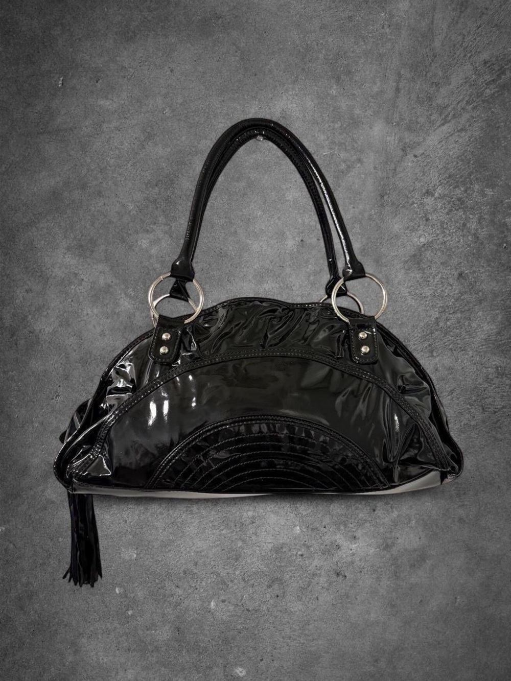 Y2K Style Black Leather Silver Ring Shoulder Bag